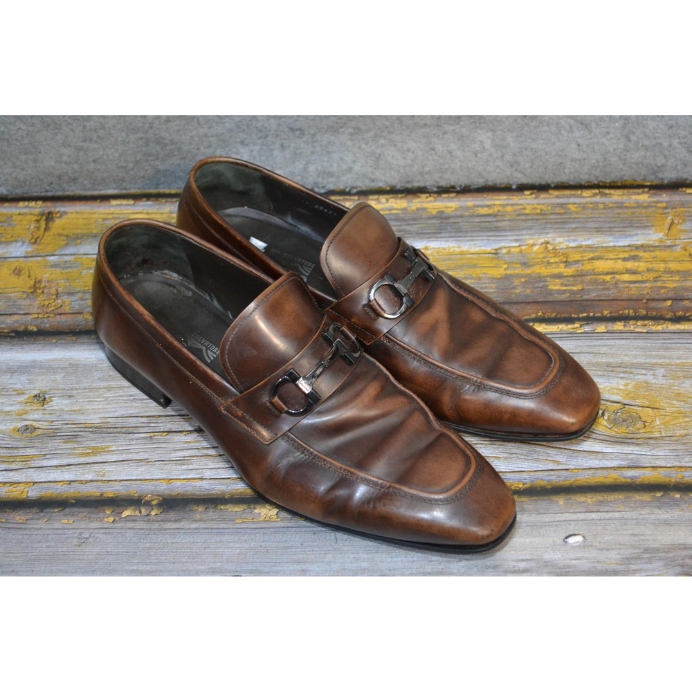 Salvatore Ferragamo Loafer Mens 10.5 EE Brown Leather Gancini Dinamo Bit Italy